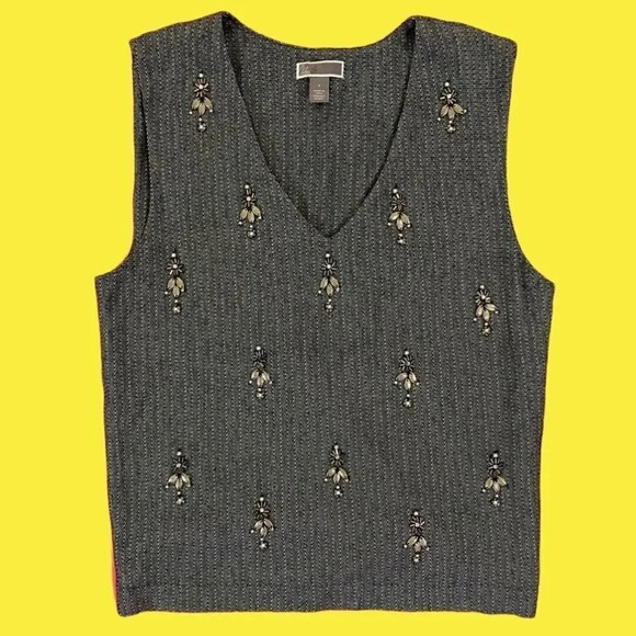 Chelsea28 Beaded Tank Top Blouse Small Gray Silver Zig Zag Stripes V Neck Bling - Picture 8 of 8